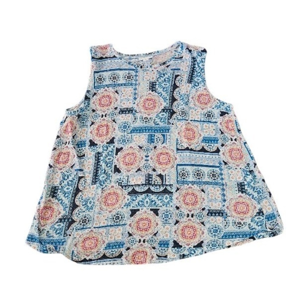 J. Jill Love Linen Tank Top Medium Medallion Tile Print Sleeveless Blue Pink